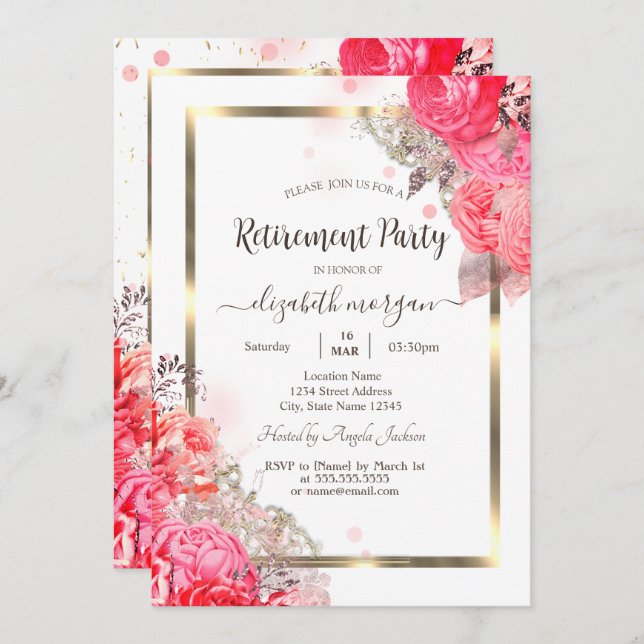 Chic Roses Flowers Gold Frame Retirement   Invitation (Front/Back)