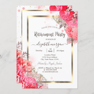 Chic Roses Flowers Gold Frame Retirement Invitation