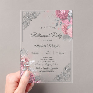 Chic Roses Flowers Silver Frame Retirement Acrylic Invitations