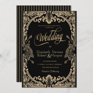 Chic Roses Frame ,Stripes Gothic Wedding Invitation