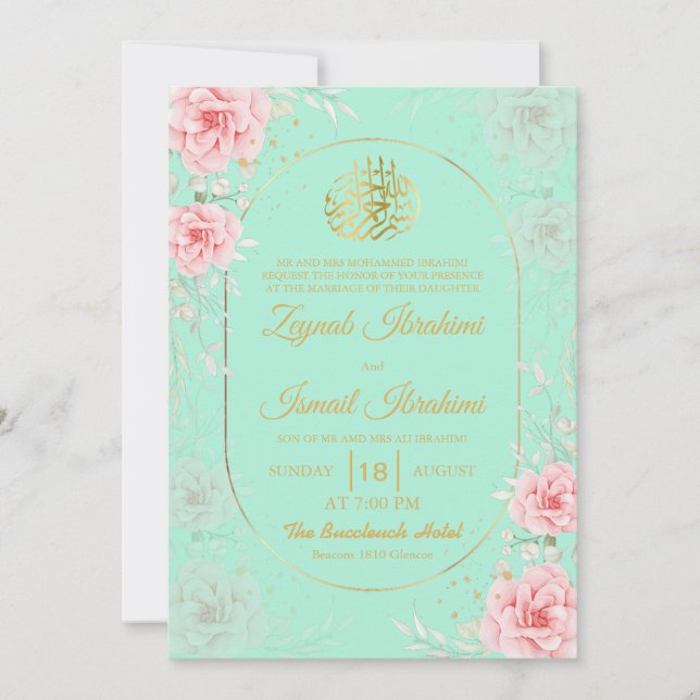 Chic Roses Gold Islamic Muslim Wedding Invitation (Front)