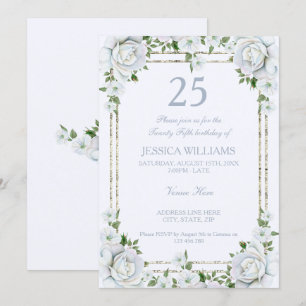 Chic Roses & Silver  Border Floral 25th Birthday Invitation