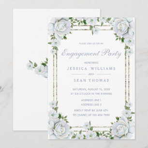 Chic Roses & Silver Border Floral Engagement Party Invitation
