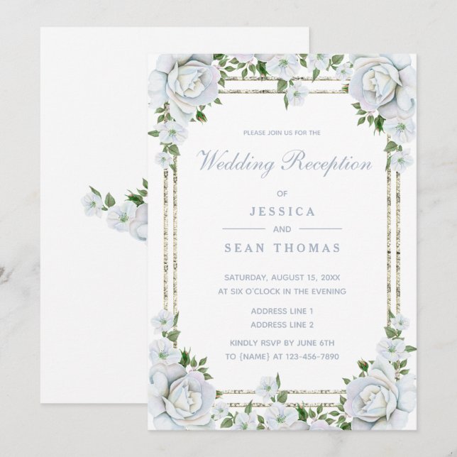Chic Roses & Silver Border Floral Reception Invitation (Front/Back)