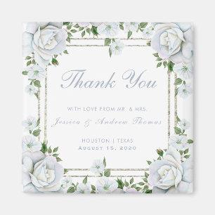 Chic Roses & Silver Border Floral Wedding Favour Magnet
