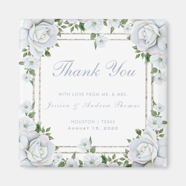 Chic Roses & Silver Border Floral Wedding Favour Magnet (Front)