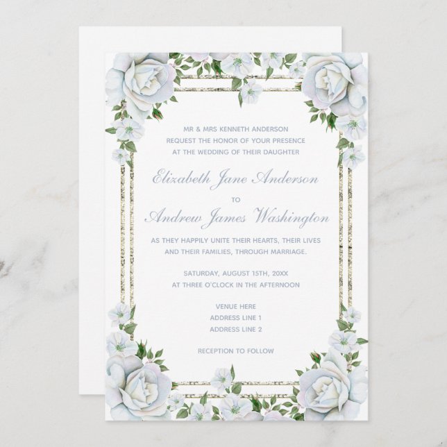Chic Roses & Silver Border Floral Wedding Invitation (Front/Back)