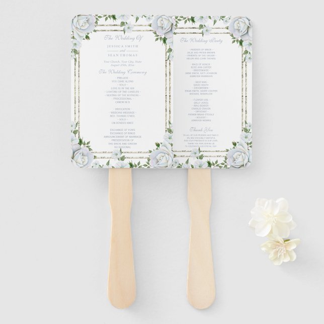 Chic Roses & Silver  Border Floral Wedding Program Hand Fan (Front and Back)