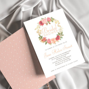 Chic roses wreath pink, peach white bridal shower invitation