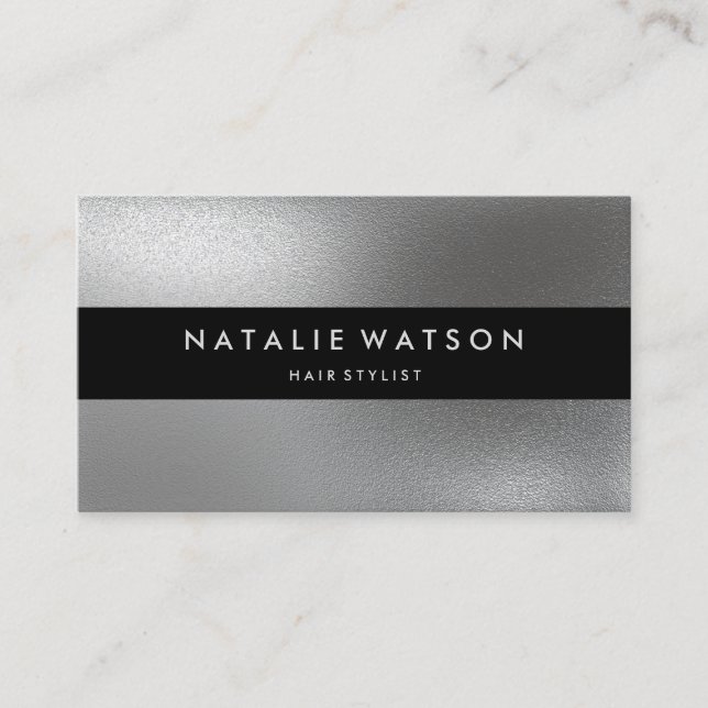 Chic Rough FAUX Silver Black Bar Modern Elegant Business Card (Front)