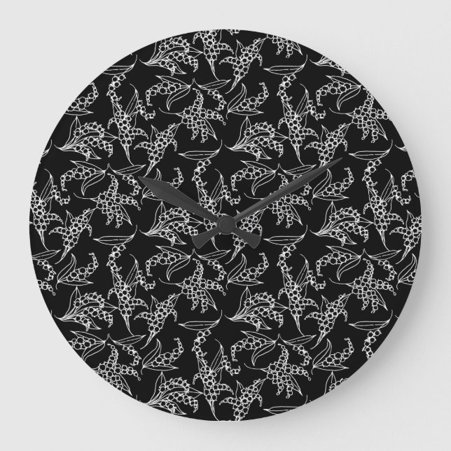 Chic Round Wall Clock: Lilies-of-the-Valley, Black Large Clock (Front)