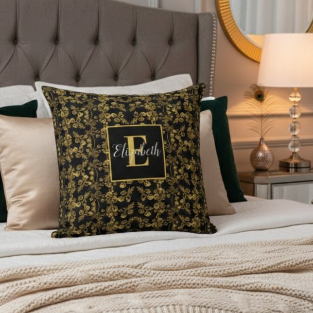 Chic Royal Black & Gold Floral Damask Custom Name Cushion (Creator Uploaded)