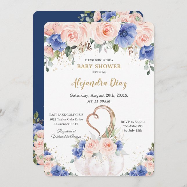 Chic Royal Blue Blush Floral Pumpkin Baby Shower Invitation (Front/Back)