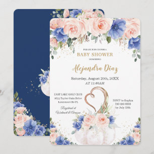 Chic Royal Blue Blush Floral Pumpkin Baby Shower Invitation