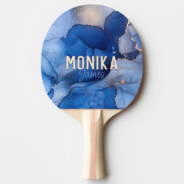 Chic Royal Blue Faux Gold Glitter Marble Monogram Ping Pong Paddle (Front)
