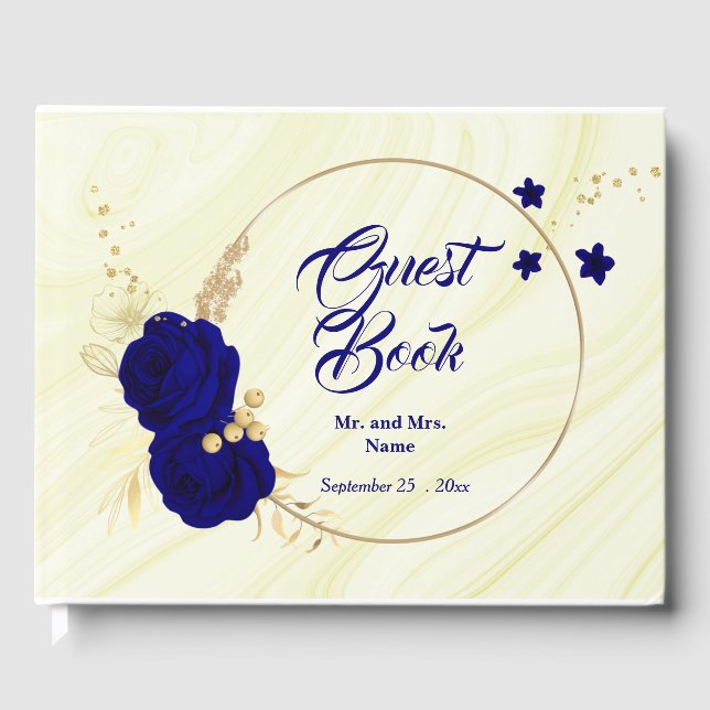 chic royal blue floral gold leaves wreath guest book (Front)