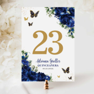Chic Royal Blue Floral Gold Quinceañera Sweet 16 Table Number