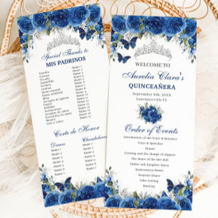 Chic Royal Blue Floral Quinceañera Order of Events Program