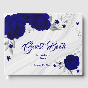 chic royal blue floral silver leaves marble guest book