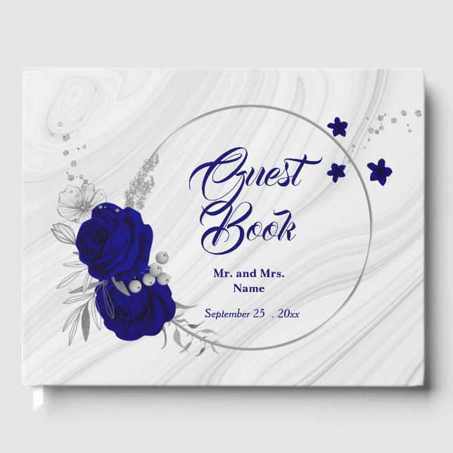 chic royal blue floral silver leaves wreath guest book (Front)