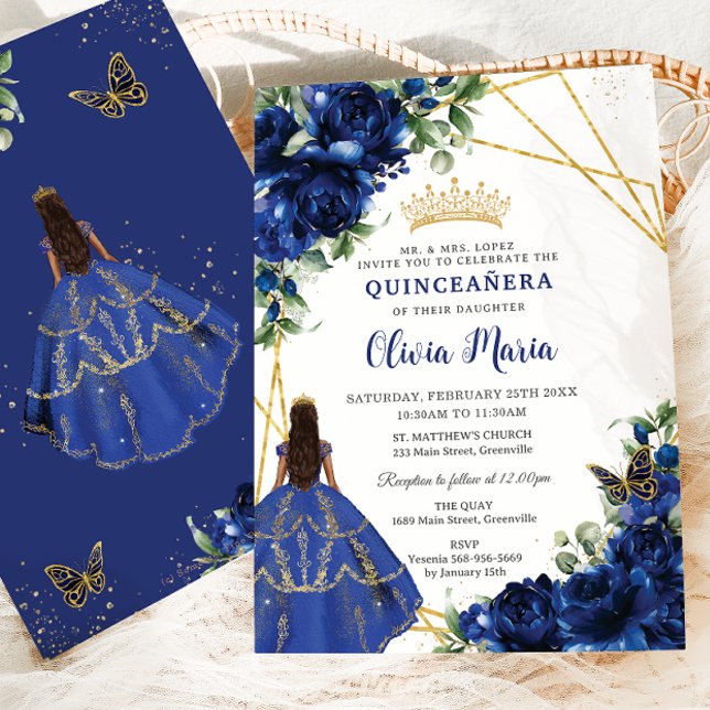 Chic Royal Blue Flowers Brown Princess Quinceañera Invitation (Creator Uploaded)
