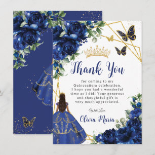 Chic Royal Blue Flowers Floral Quinceañera Thank You Card