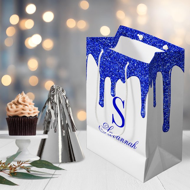 Chic Royal Blue Glitter Drips Sparkle Monogram Medium Gift Bag (Chic Royal Blue Glitter Drips Sparkle Monogram Medium Gift Bag)