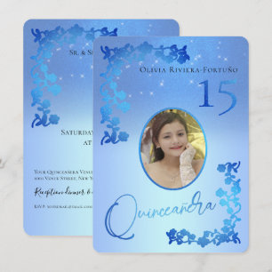 Chic Royal Blue Glitter Floral Photo Quinceanera Invitation