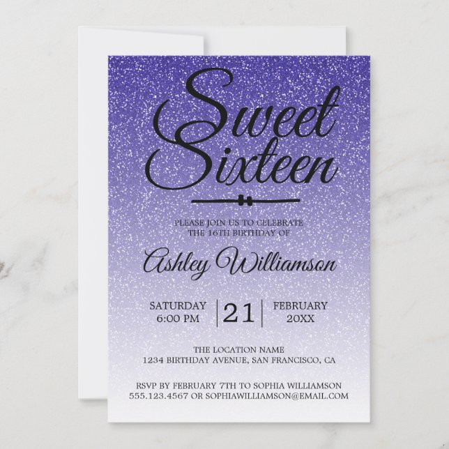 Chic Royal Blue Glitter Ombre Sweet 16 Birthday Invitation (Front)