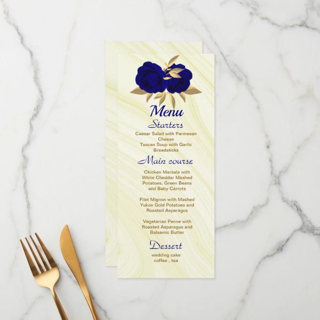 chic royal blue gold floral wedding  menu (Front/Back In Situ)