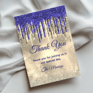 Chic royal blue gold glitter dripping thank you card