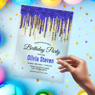 Chic royal blue gold glitter drips birthday  acrylic invitations