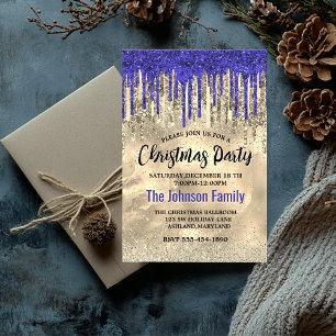 Chic royal blue gold glitter drips Christmas  Invitation