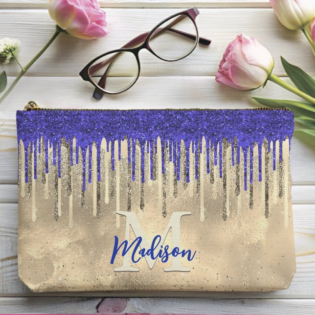 Chic royal blue gold glitter drips monogram accessory pouch (Creator Uploaded)