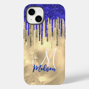 Chic royal blue gold glitter drips monogram Case-Mate iPhone 14 case