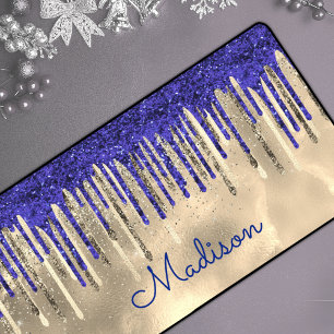 Chic royal blue gold glitter drips monogram desk mat