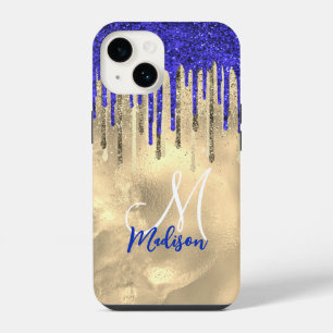 Chic royal blue gold glitter drips monogram iPhone 14 case