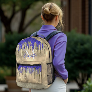 Chic royal blue gold glitter drips monogram printed backpack