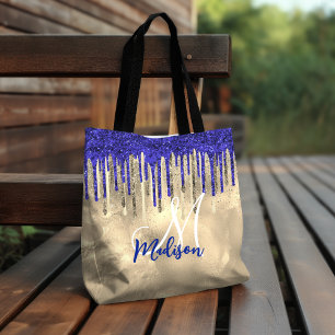 Chic royal blue gold glitter drips monogram tote bag