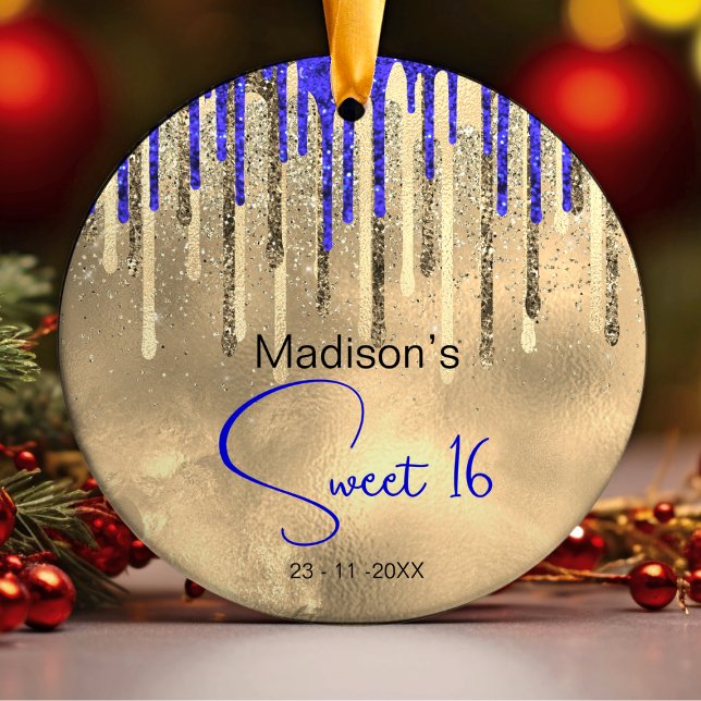 Chic royal blue gold glitter drips sweet 16 ceramic ornament (Creator Uploaded)