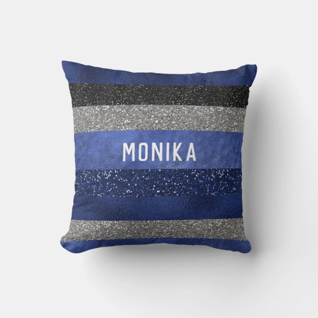 Chic Royal Blue Silver Faux Glitter Monogram Cushion (Front)