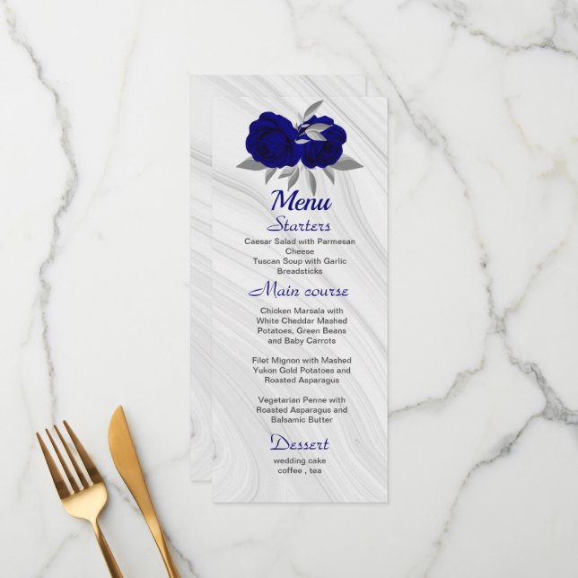 chic royal blue silver grey floral wedding menu (Front/Back In Situ)