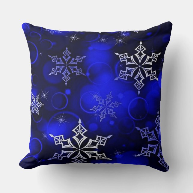Chic Royal Blue Snowflake Motif Cushion (Front)