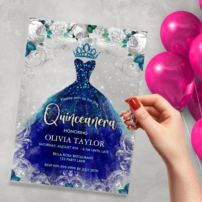 Chic royal blue teal dress floral Quinceanera  Acrylic Invitations (Creator Uploaded)