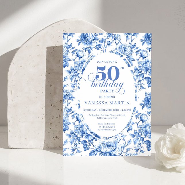 Chic Royal Blue Toile de Jouy 50th Birthday Invite (Chic Royal Blue Toile de Jouy 50th Birthday Invite)