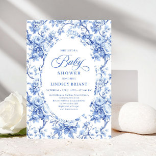 Chic Royal Blue Toile de Jouy Baby Shower Invite
