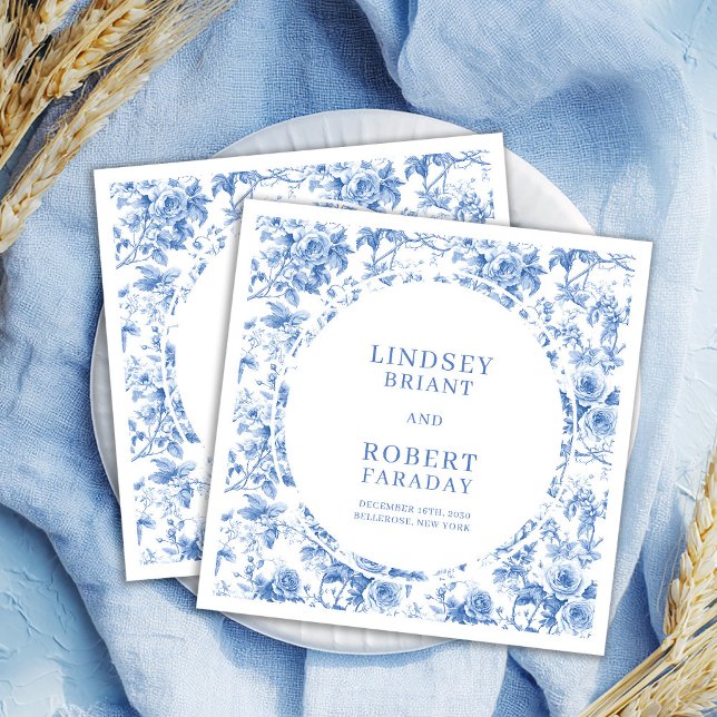 Chic Royal Blue Toile Roses Personalized Wedding  Napkin (Chic Royal Blue Toile Roses Personalized Wedding Napkins)