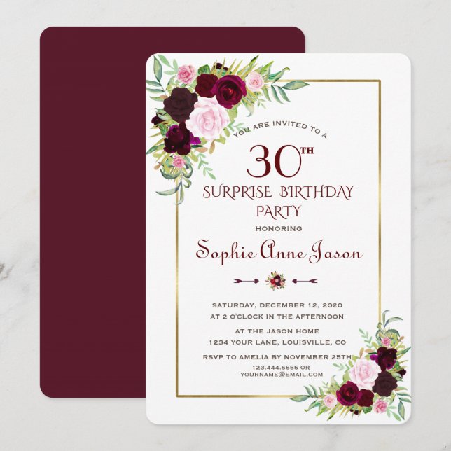 Chic Royal Burgundy Marsala Floral 30th Birthday Invitation (Front/Back)