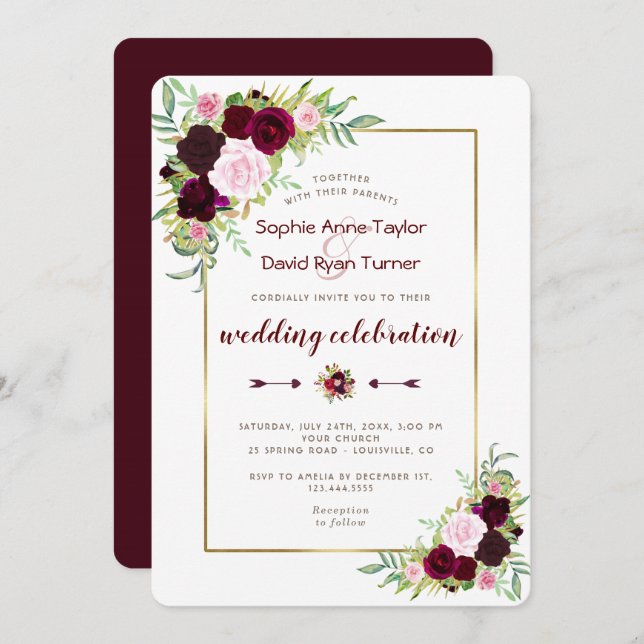 Chic Royal Burgundy Marsala Floral Wedding Invitation (Front/Back)
