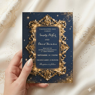 Chic Royal Gold & Navy Blue Luxury Modern Wedding  Invitation